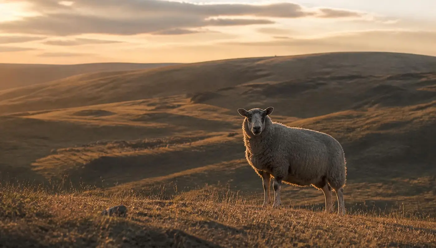 A lone sheep standing on open hills at dusk with warm light breaking across the grass