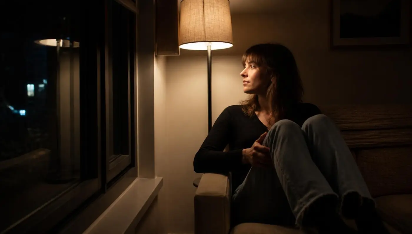 A person sitting alone by a window at night with soft warm lamp light across their face