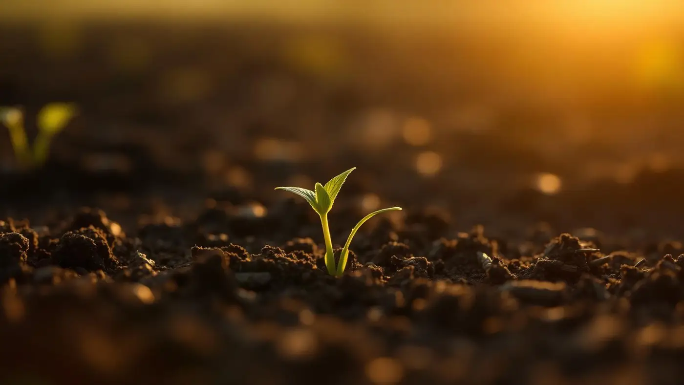 A single seedling breaking through dark soil in warm morning light