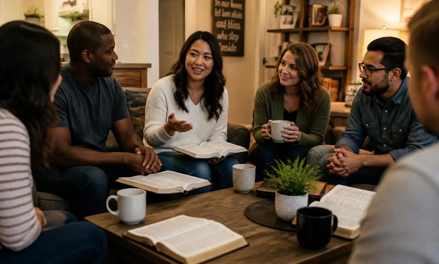 A few people gathered around a living room coffee table with open Bibles and coffee, mid-conversation