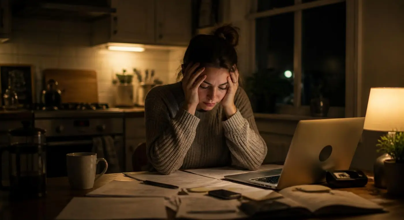 A woman sitting at a kitchen table surrounded by unfinished tasks, head in her hands