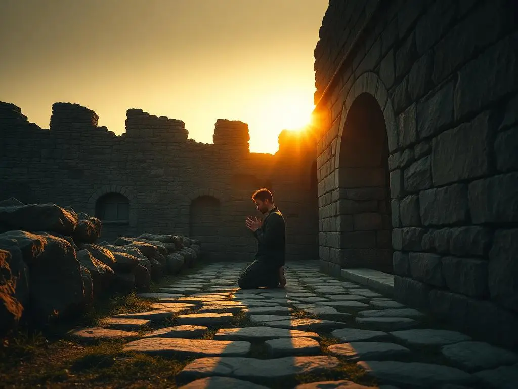 A man kneeling in prayer beside ancient broken stone walls at dawn