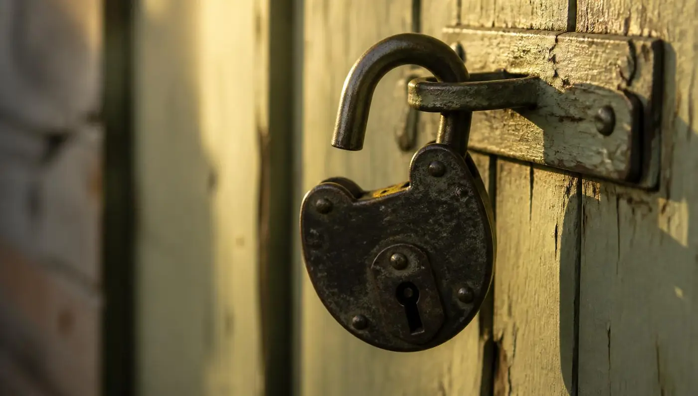 An old padlock hanging open on a weathered latch with warm light breaking across it