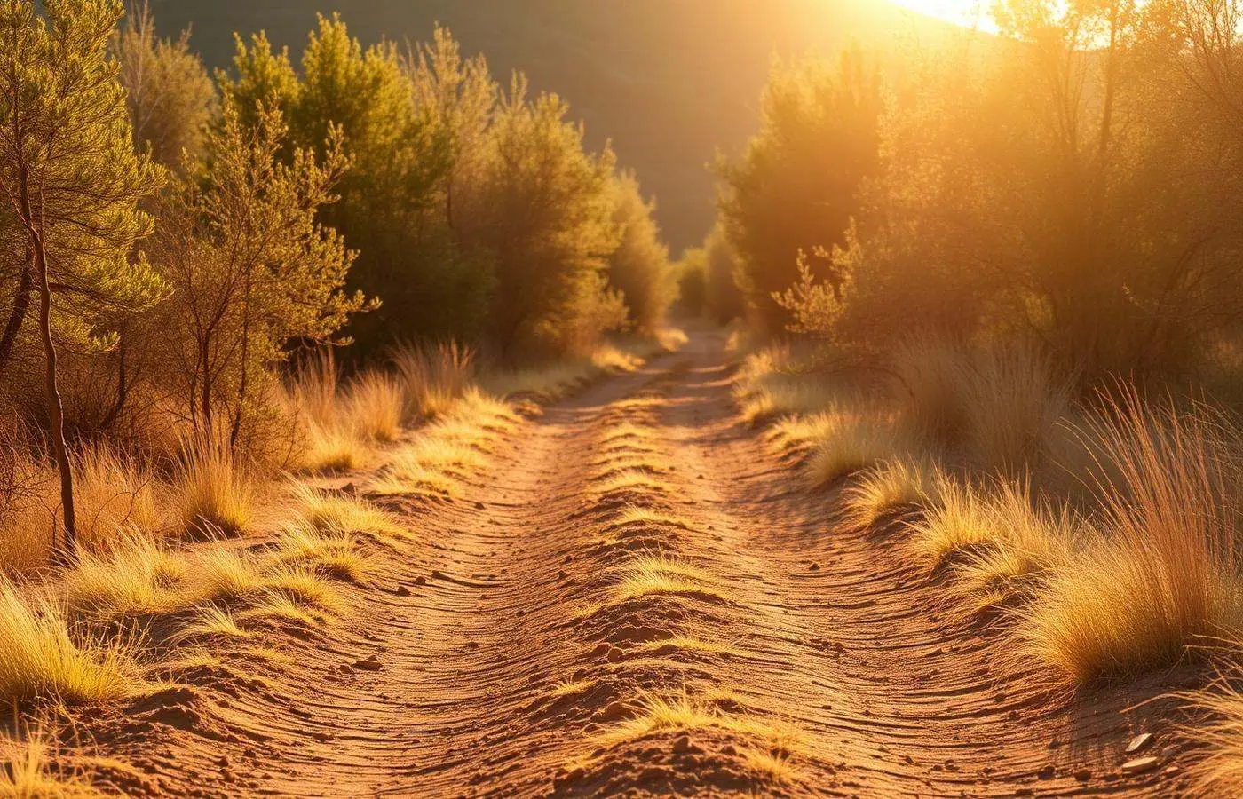 An open dirt trail stretching ahead in warm late afternoon light