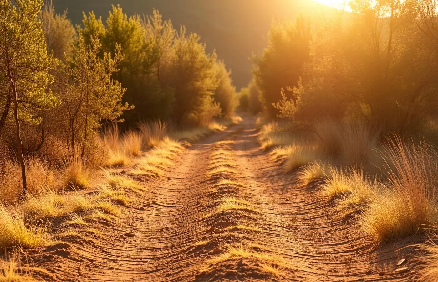 An open dirt trail stretching ahead in warm late afternoon light
