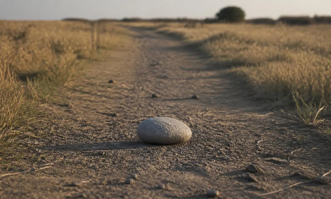 A single stone sitting in the middle of a dirt path in warm afternoon light